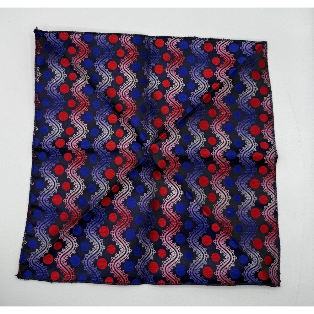 Men‎ Silk Pocket Square Navy Blue Red Polka Dot Wavy Geometric Suit Accessory